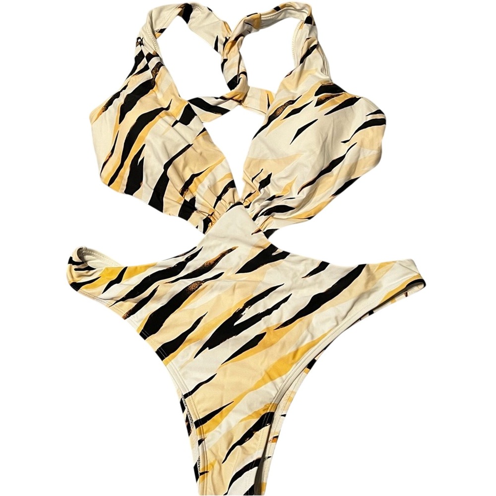Cupshe x Stassie Monokini Swimsuit Women XL Tiger Print Cutout Halter Beach Vaca